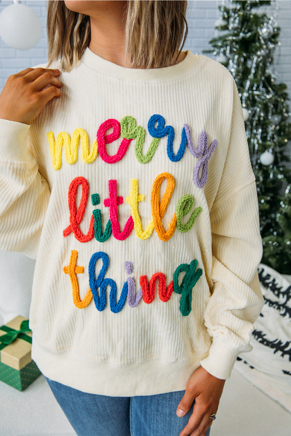 merry little thing Corded Letter Graphic Ribbed Loose Sweatshirt