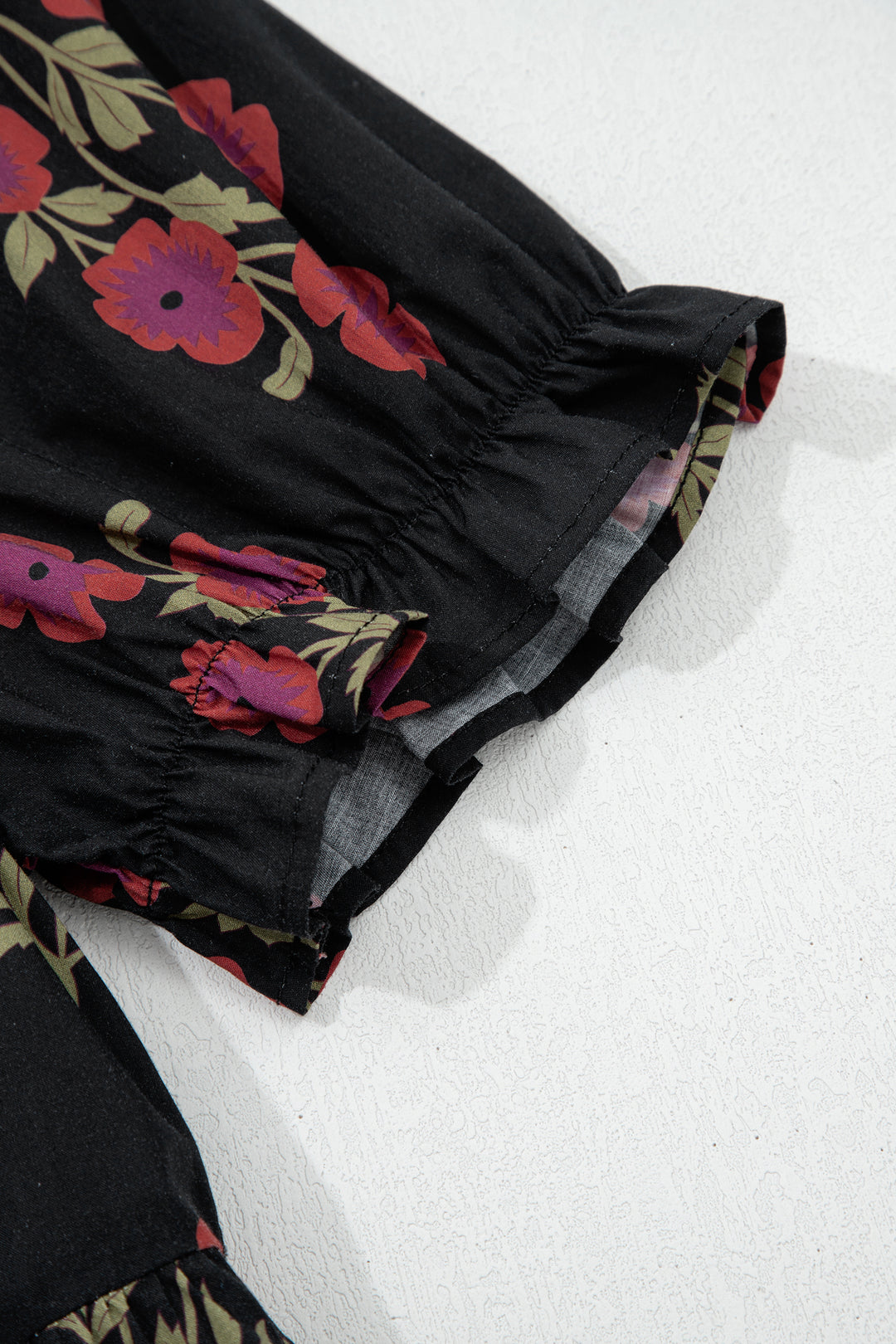 Black Floral Short Bubble Sleeve Tiered Maxi Dress