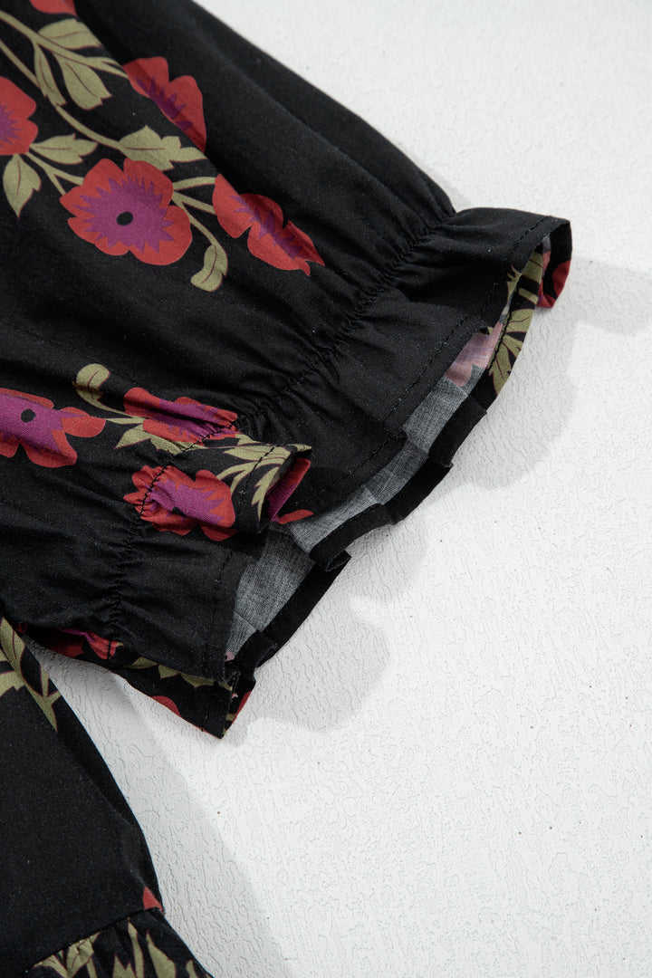 Black Floral Short Bubble Sleeve Tiered Maxi Dress