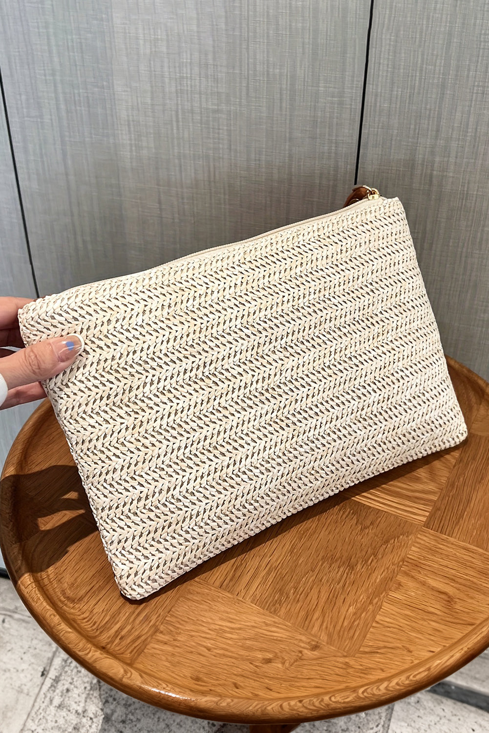 Straw Woven Wrist Strap Zipper Large Wallet