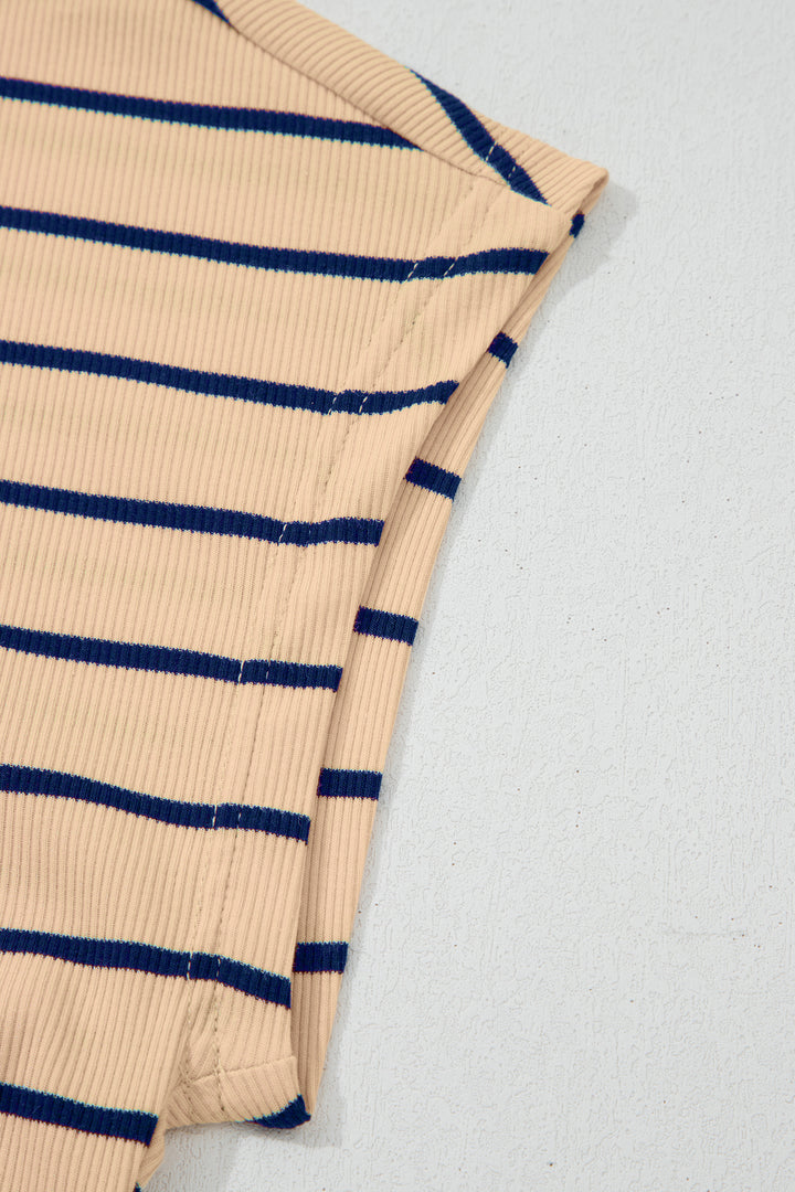 Khaki Stripe Mock Neck Short Sleeve Loose Top