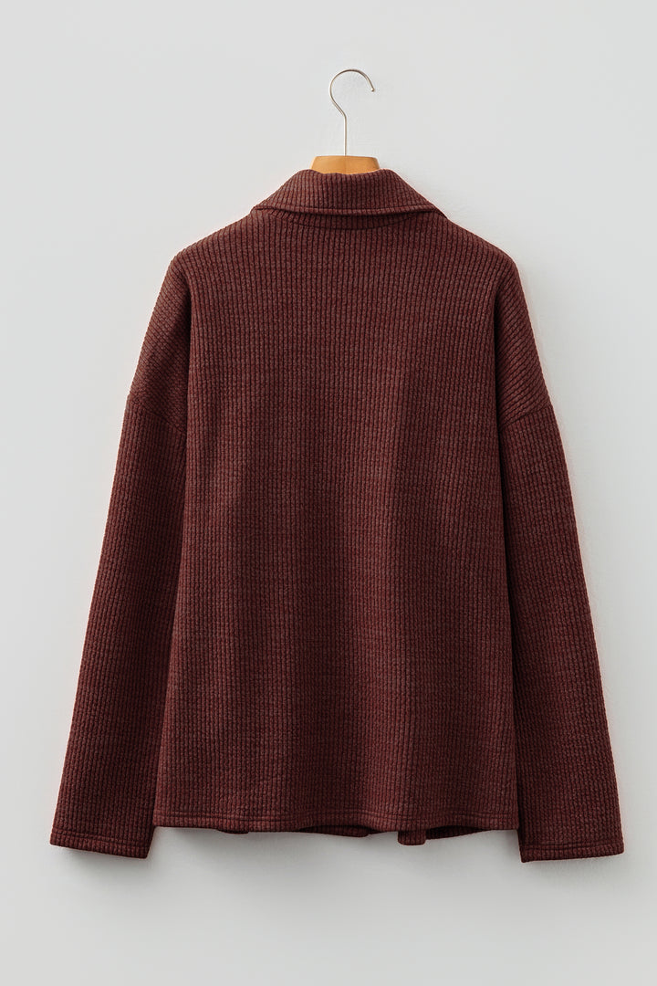 Red Sandalwood Ribbed Knit Buttons Front Flap Pocket Casual Shacket