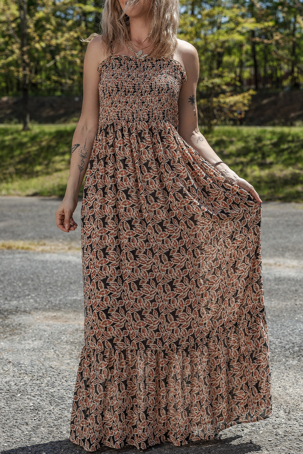 floral smocked bodice high waist flowy sun dress