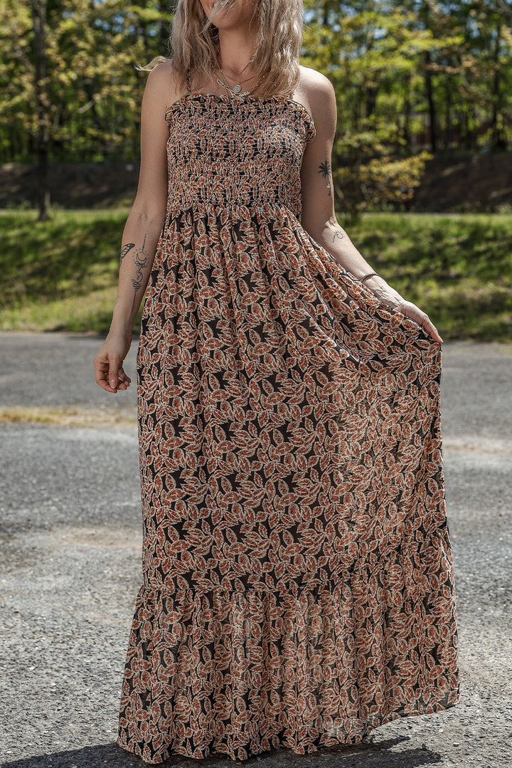 floral smocked bodice high waist flowy sun dress