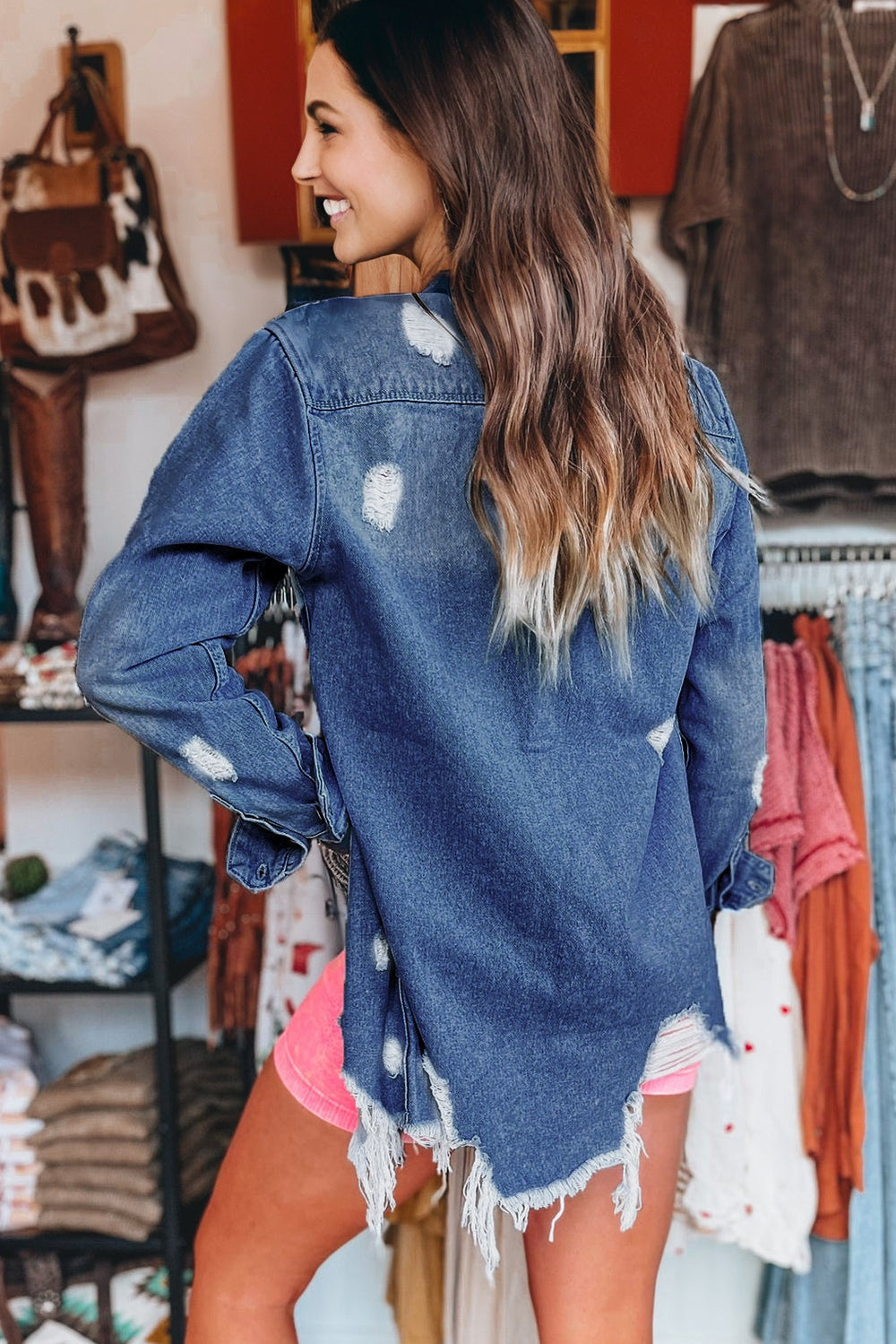 Sky Blue Light Wash Distressed Frayed Long Denim Jacket