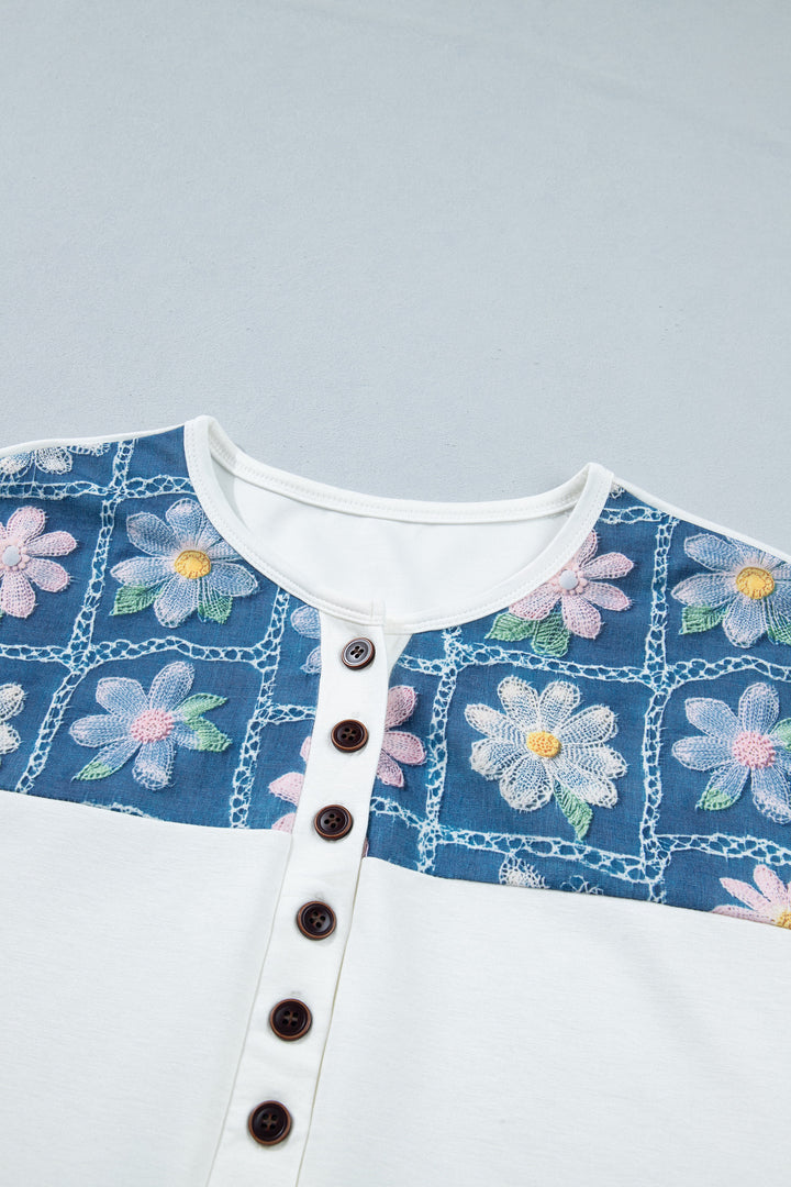 White Floral Patchwork Short Sleeve Viscose Blend Blouse