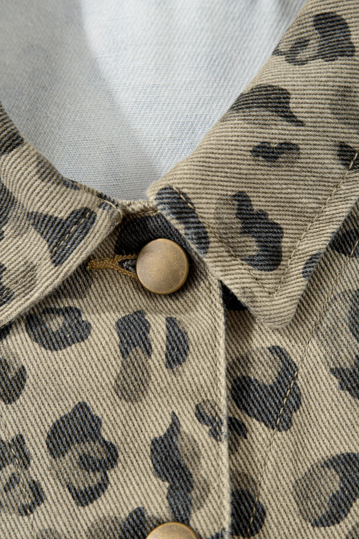 Khaki Retro Leopard Print Seam Detail Button Down Denim Jacket