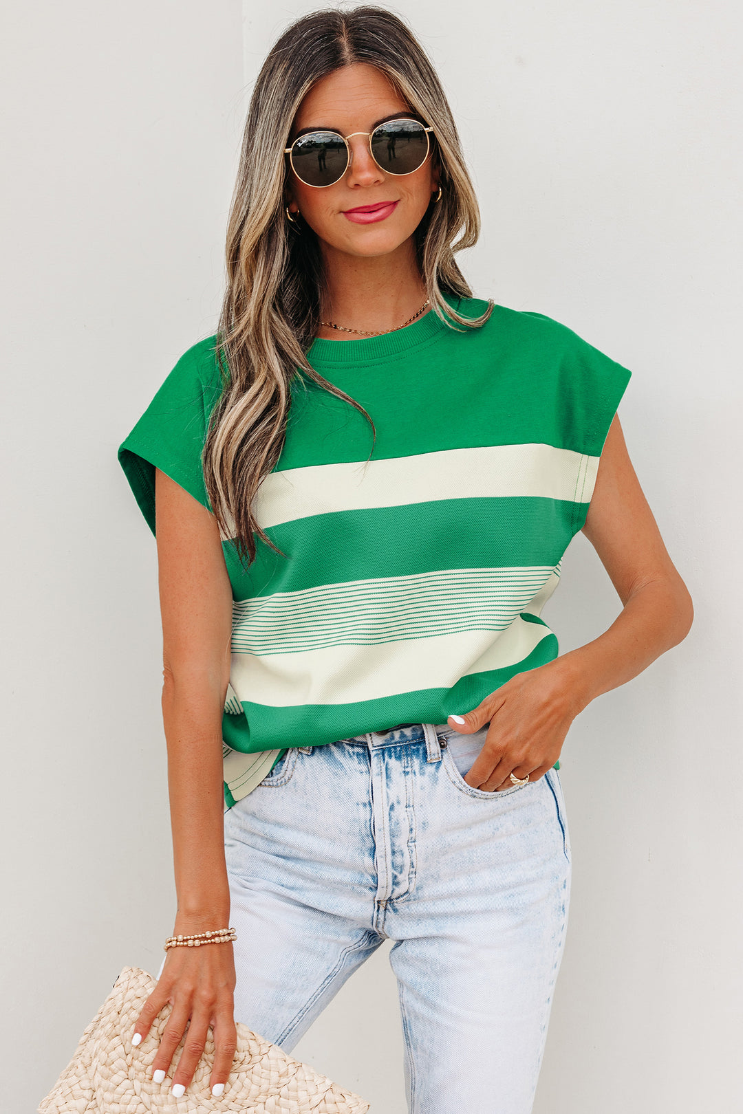 Classic Green Stripe Mixed Print Crew Neck Cap Sleeve T Shirt