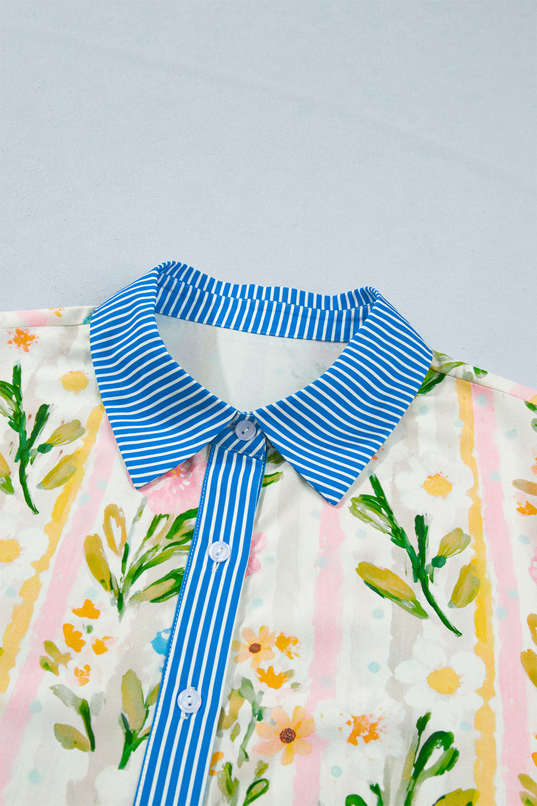 Chic Multicolour Floral Print Striped Trim Button Down Shift Dress