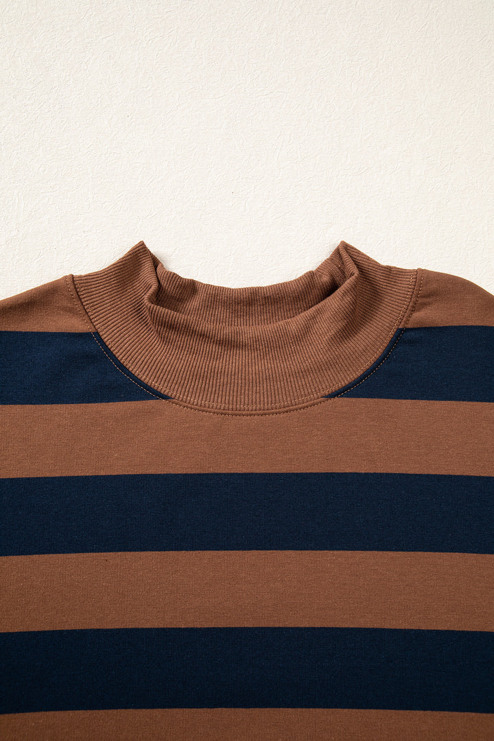 Brown Stripe Colorblock Mock Neck Relaxed Sweatshirt