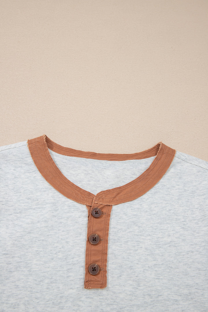 Light Grey Raw Seam Color Block Detail Buttoned Henley Tee