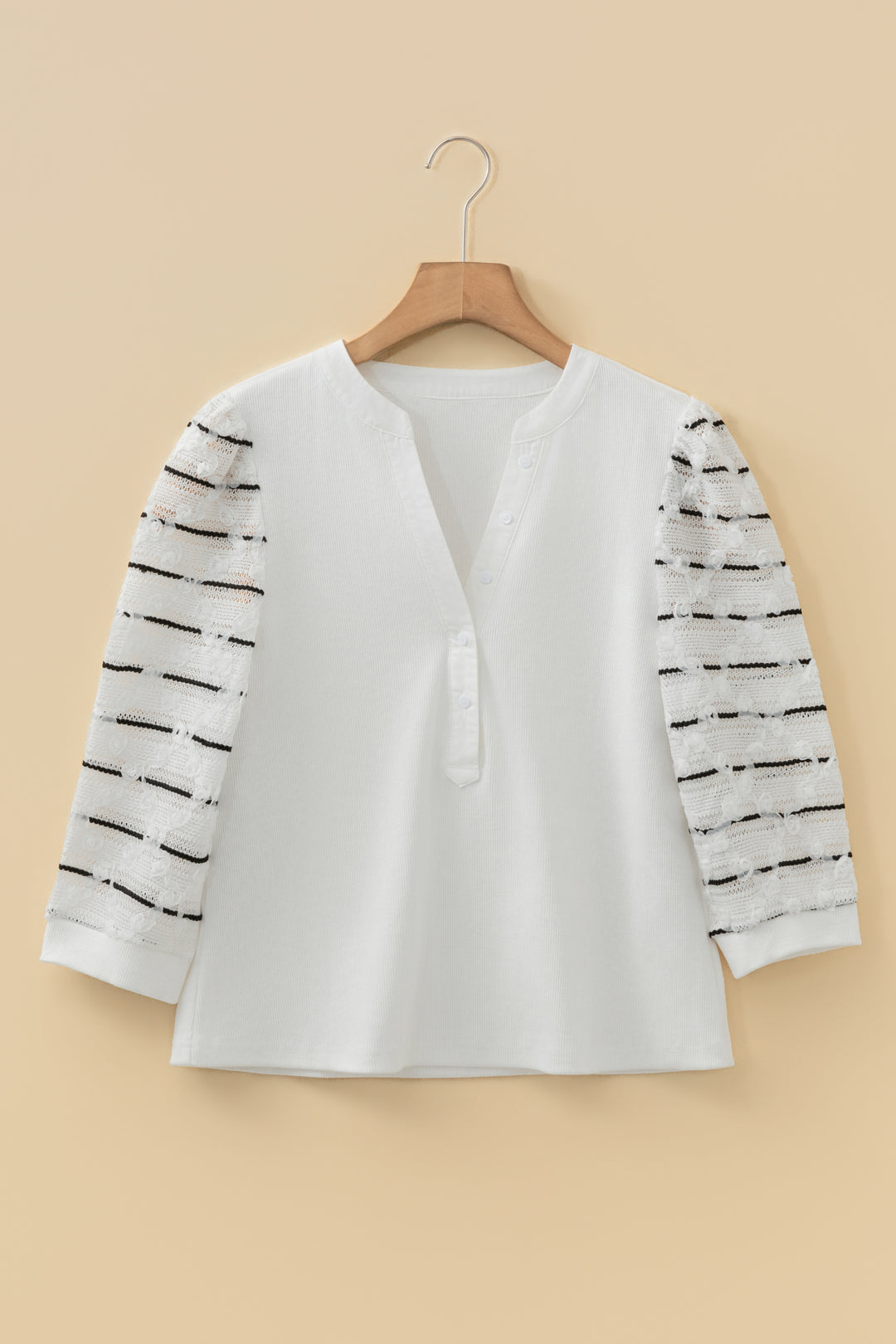 Button Placket 3/4 Striped Sleeve Patchwork Rib Knit Top