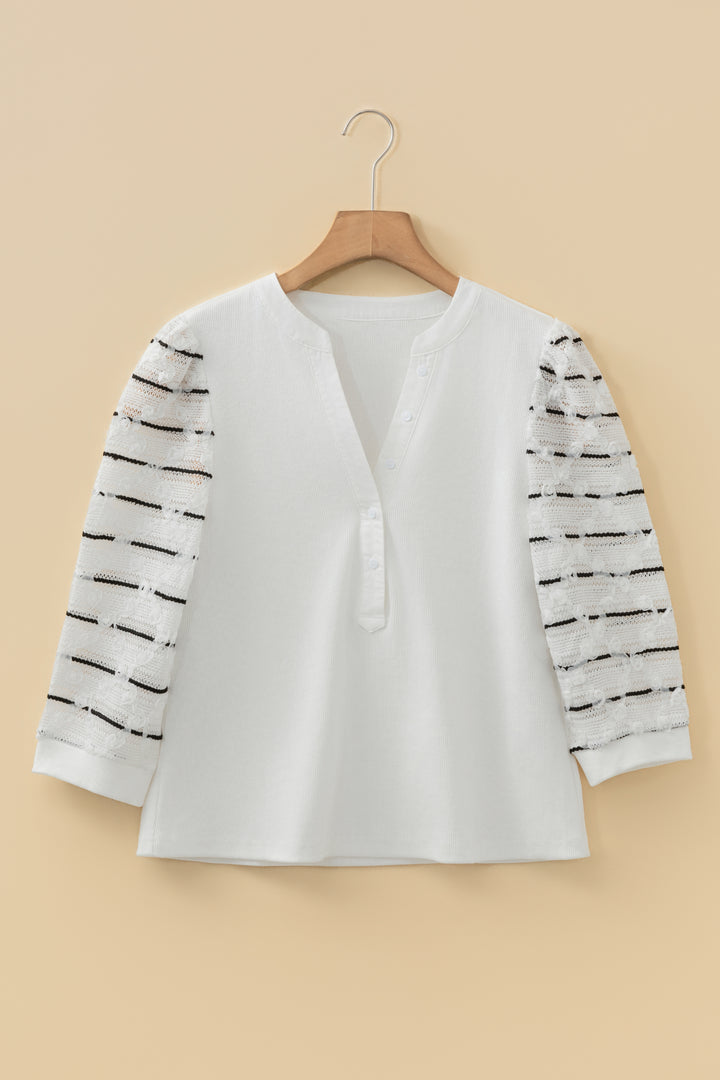 Button Placket 3/4 Striped Sleeve Patchwork Rib Knit Top