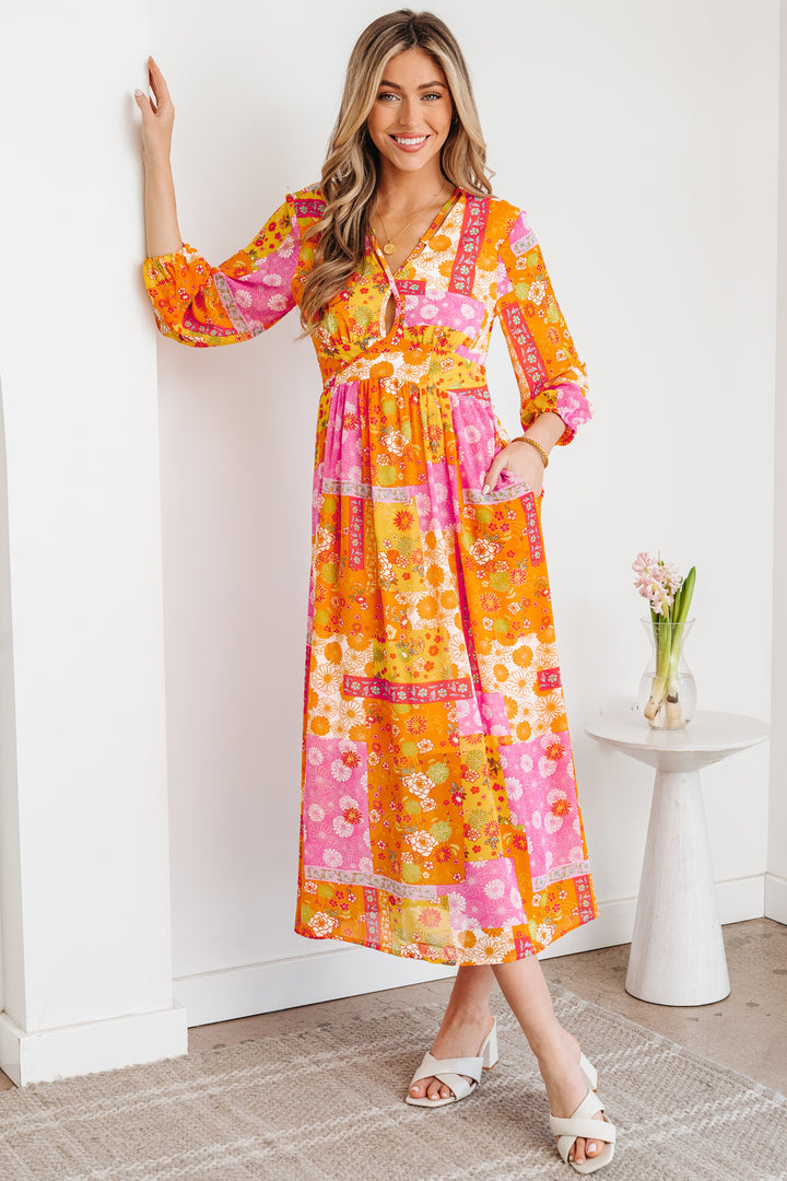 Orange Floral Print Cut out Tied Back Bracelet Sleeve Maxi Dress