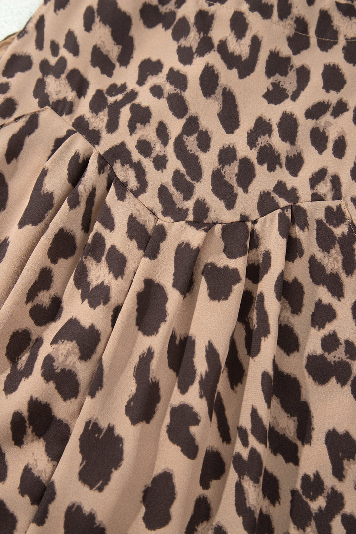Khaki Leopard Print Square Neck Pleated Wide Leg Jumpsuit