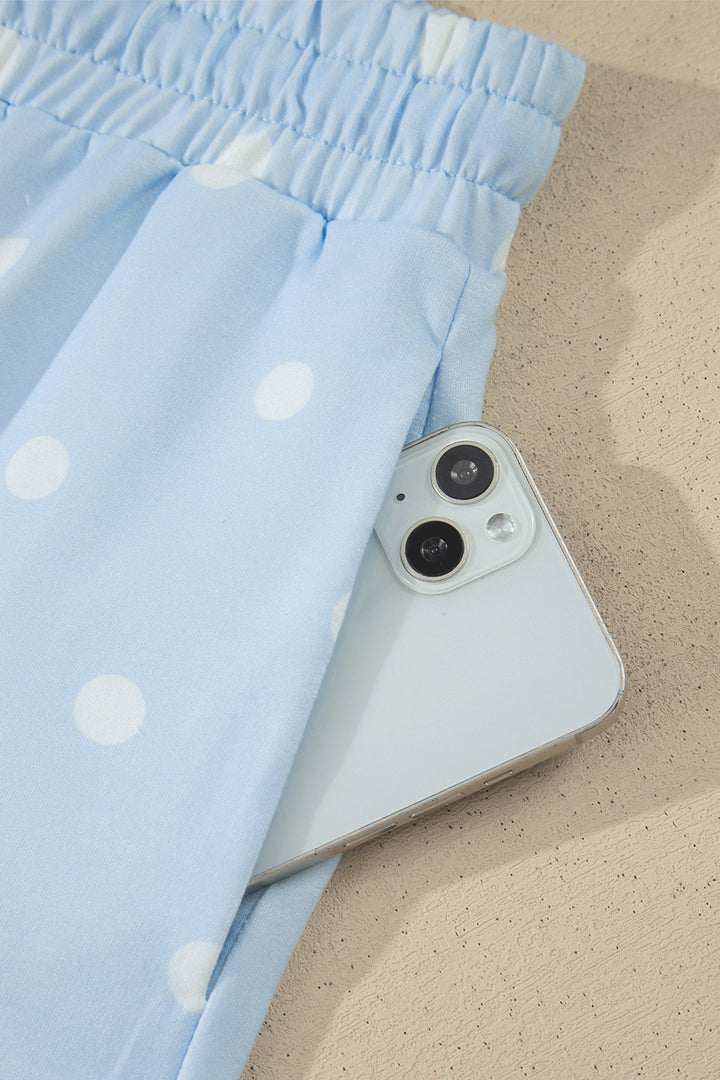 Sky Blue Polka Dot Short Sleeve Loose Top Drawstring Shorts Set