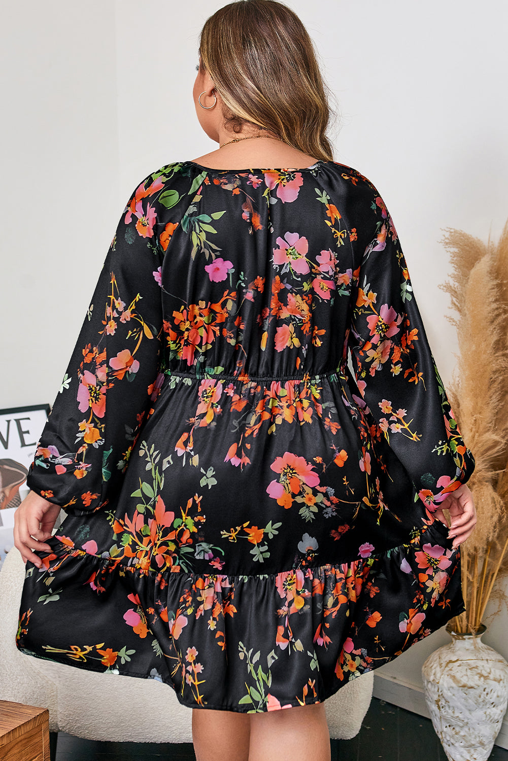 Black Plus Size Floral Print Tie Neck Long Sleeve Mini Dress