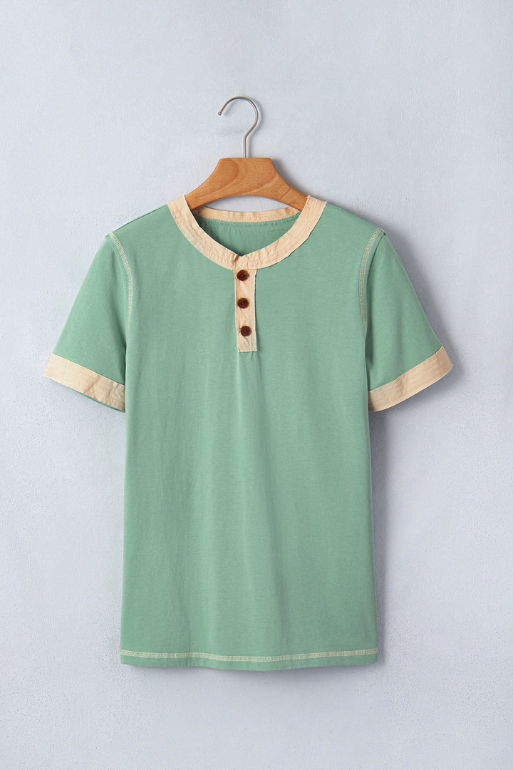 Mint Green Raw Seam Color Block Detail Buttoned Henley Tee