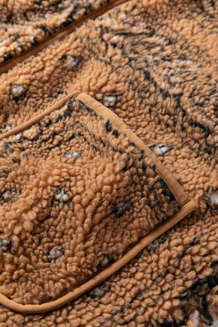 Brown Sherpa Paisley Print Pocketed Western Vest Jacket