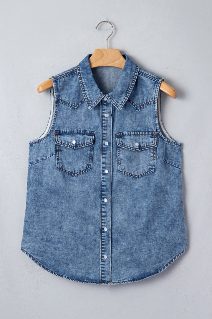 Dusk Blue Buttoned Front Collared Sleeveless Denim Vest
