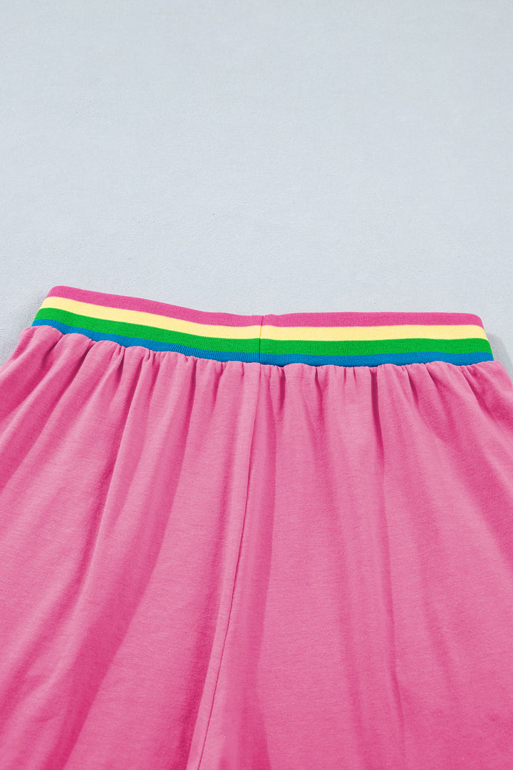 Bright Pink Seam Detail Raw Edge Tee Rainbow Waistband Casual Short Set