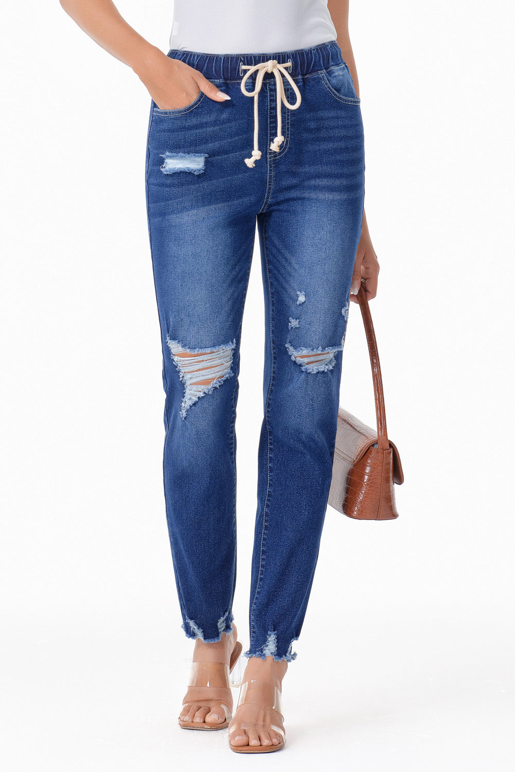 Dark Blue Elastic Waist Straight Leg Destroyed Raw Hem Jeans