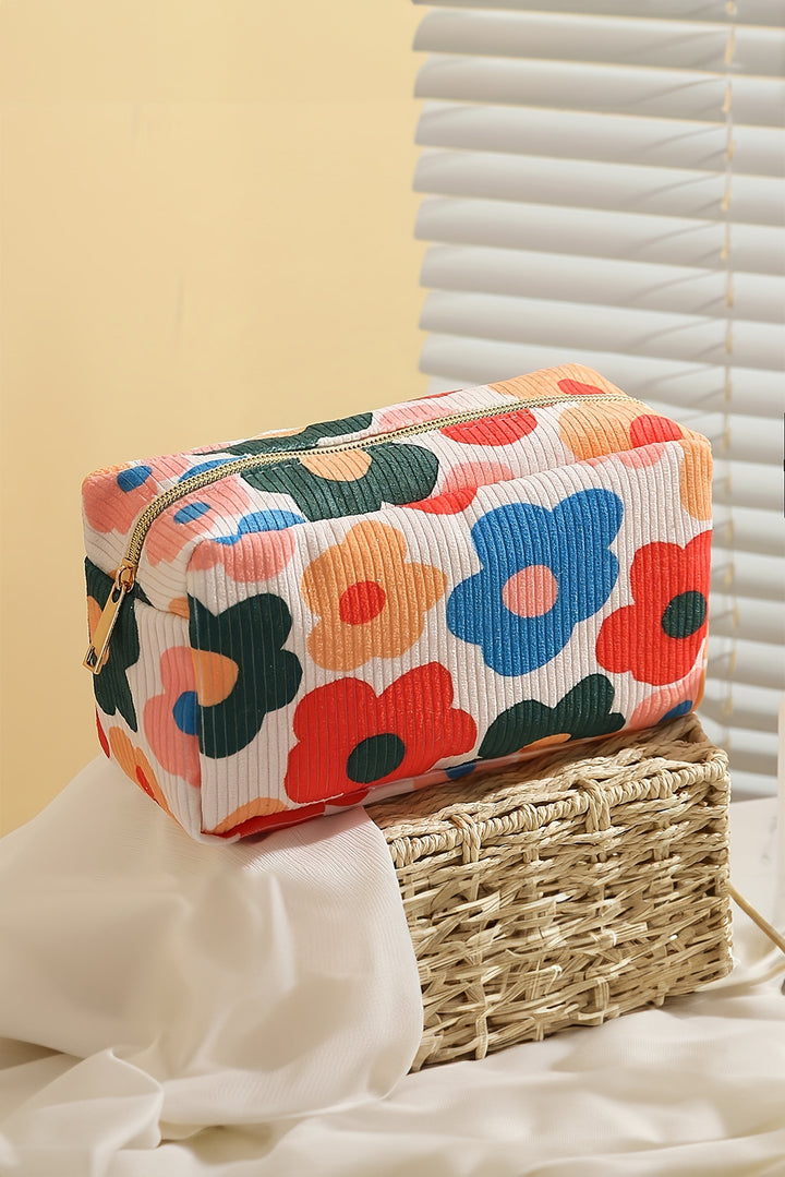 Flower Print Zipper Square Corduroy Cosmetic Bag