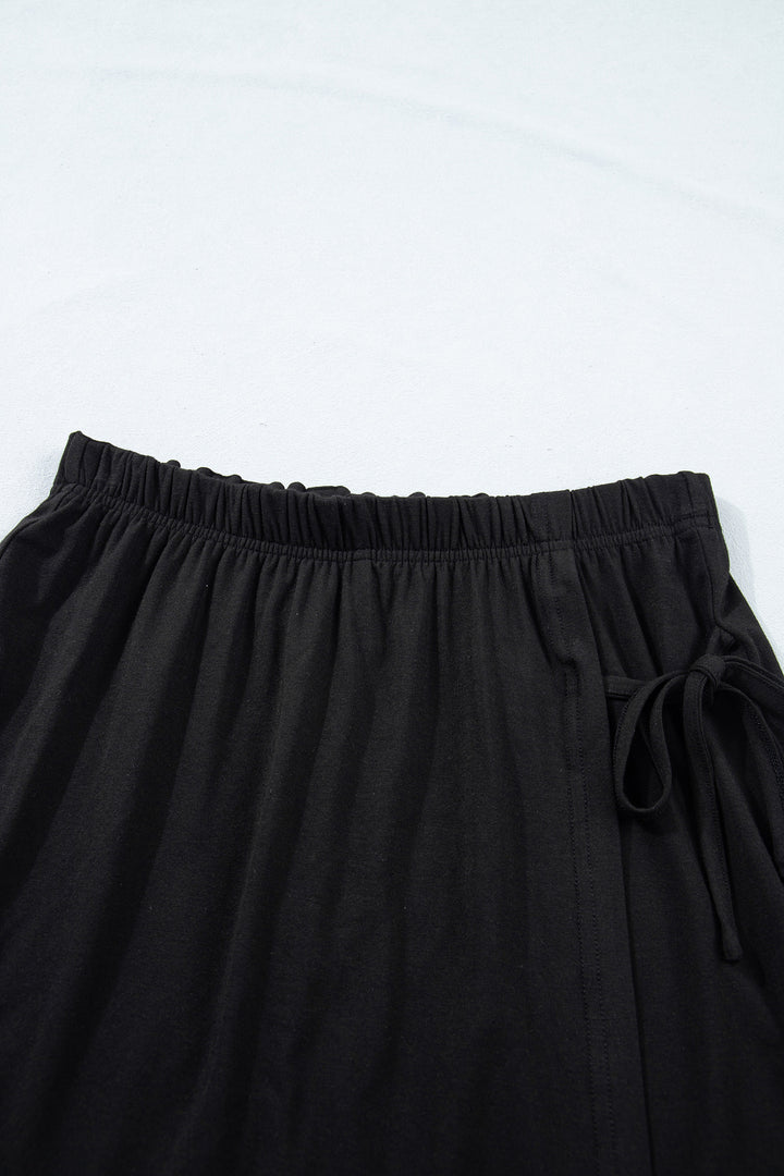 Black Solid Color Oversize Tee Tie Wrap Mini Skort 2pcs Set