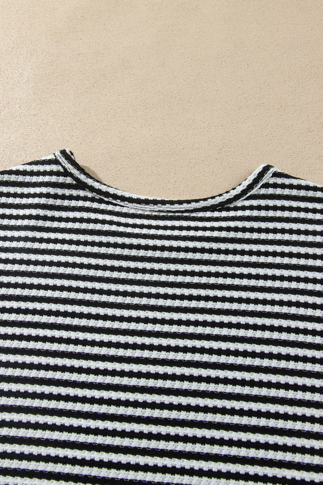 Black Stripe Textured Knit Long Sleeve Top Elastic Waist Shorts Casual Outfit