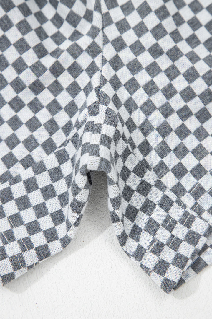Gray Checkerboard Print Drawstring Elastic Waist Pocketed Shorts