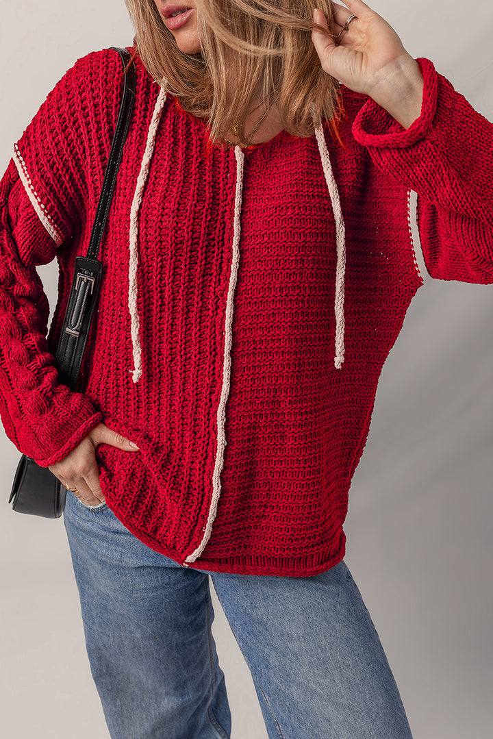 Color Contrast Trim Textured Knit Drawstring Hooded Sweater