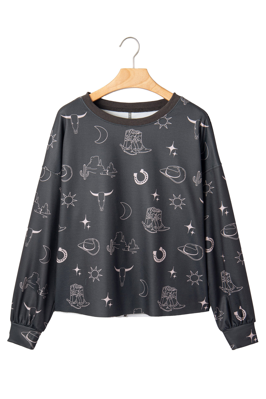 Gray Western Print Crew Neck Sweatshirt