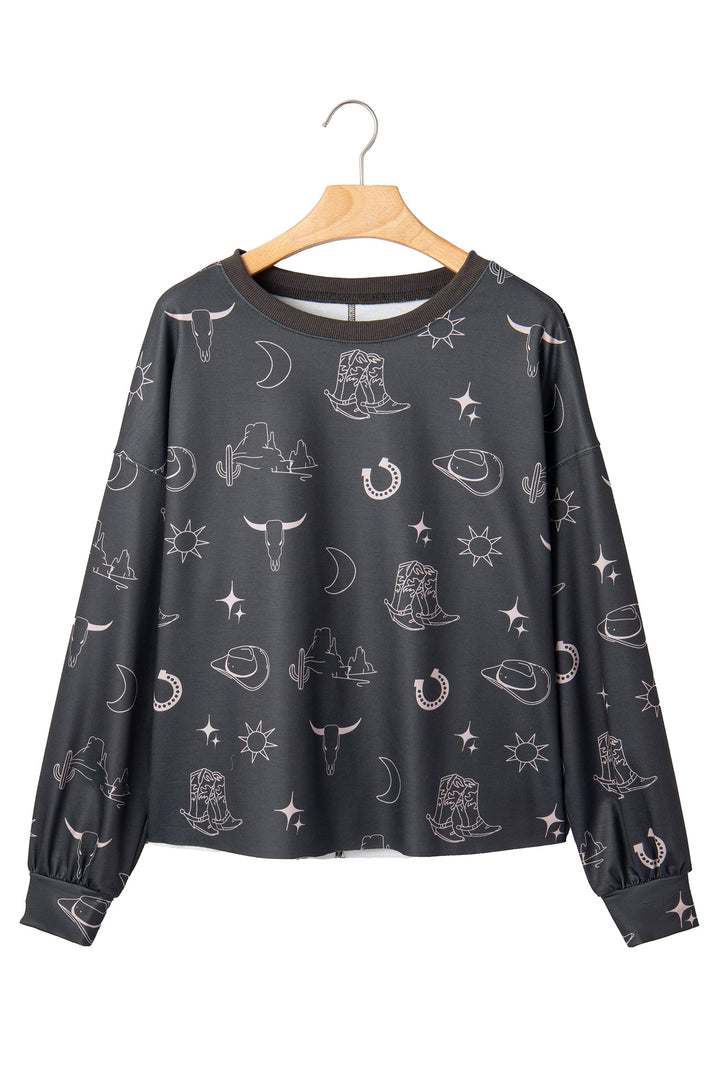 Gray Western Print Crew Neck Sweatshirt