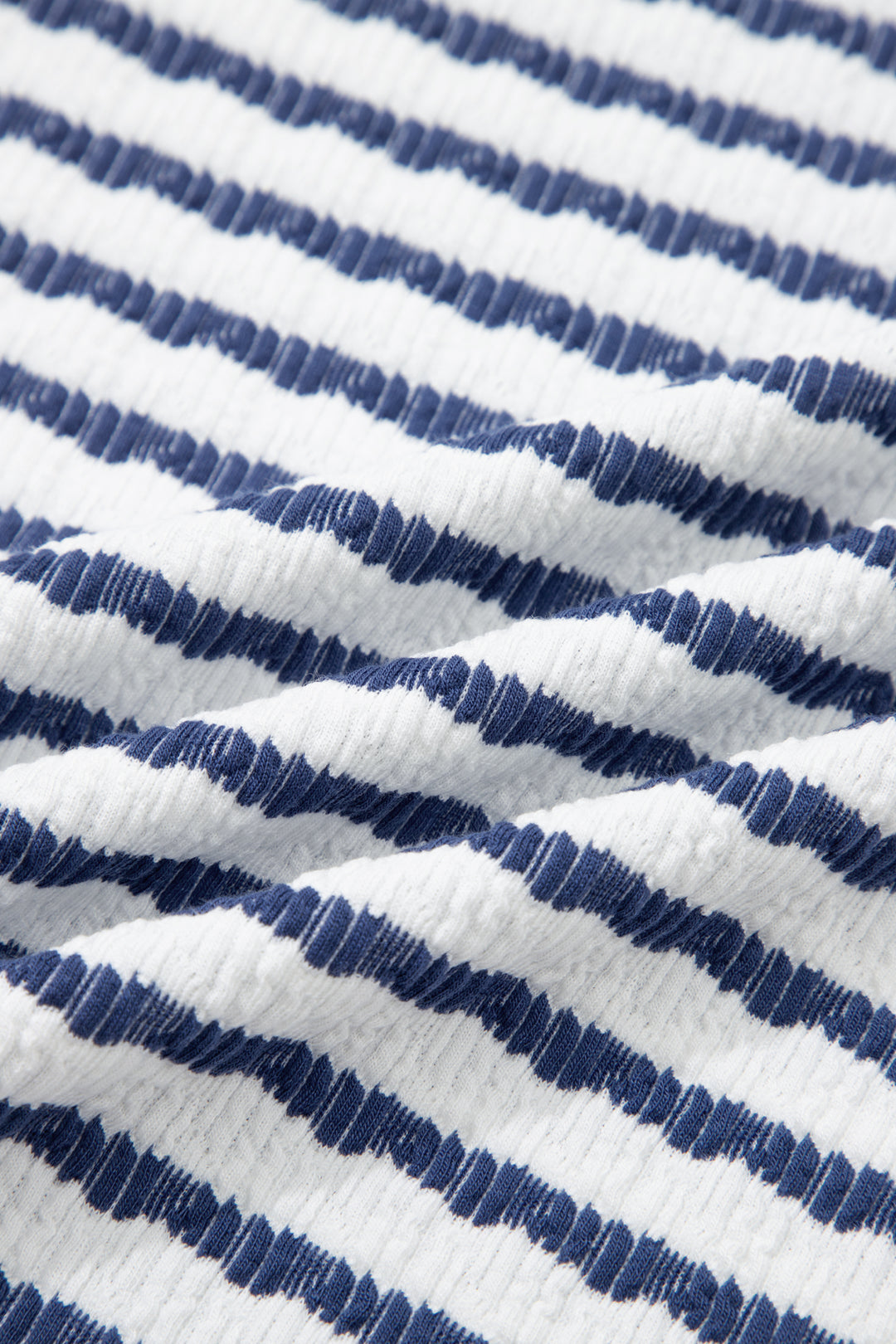 Blue Stripe Textured Knit Split Hem Half Sleeve Loose Top