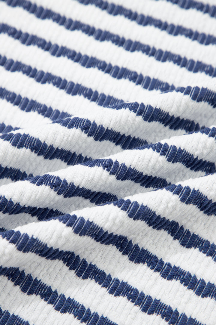 Blue Stripe Textured Knit Split Hem Half Sleeve Loose Top