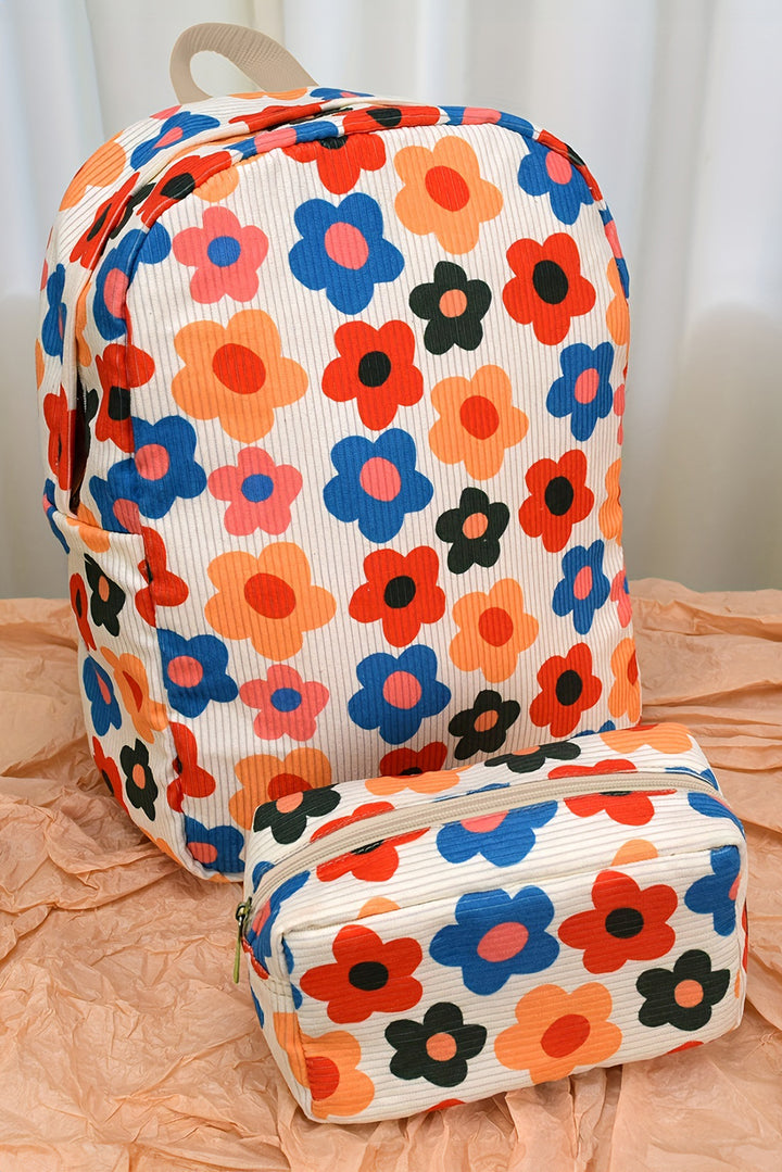 Sac à dos en velours côtelé à imprimé floral avec pochette assortie