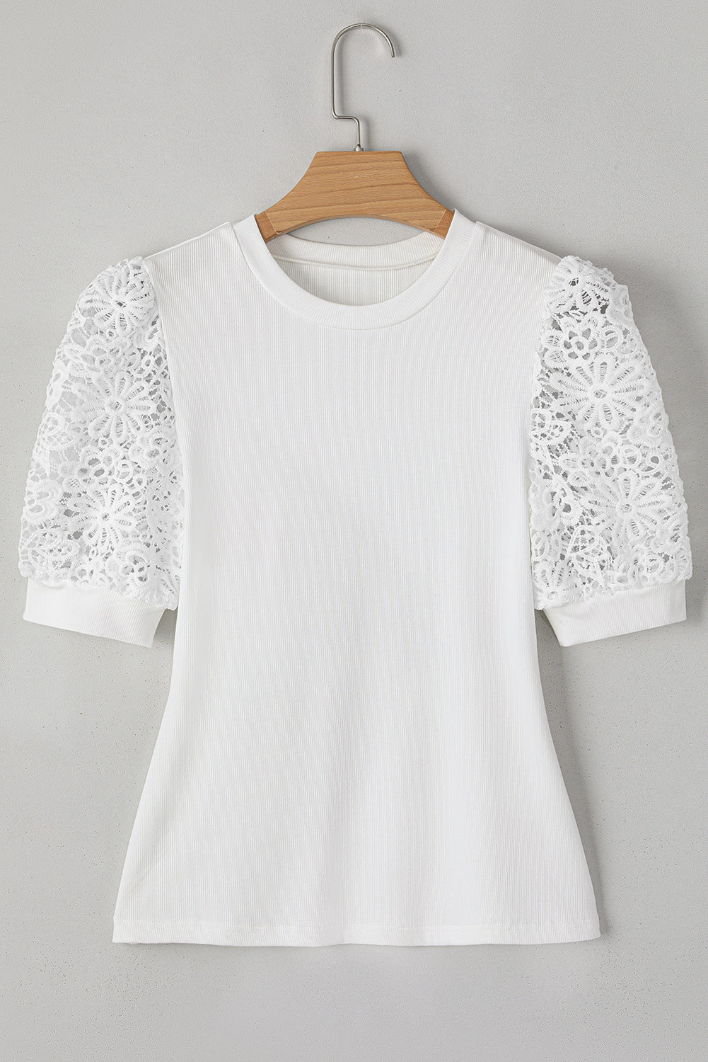 Lace Floral Patchwork Ribbed Knit Half Sleeve T Shirt