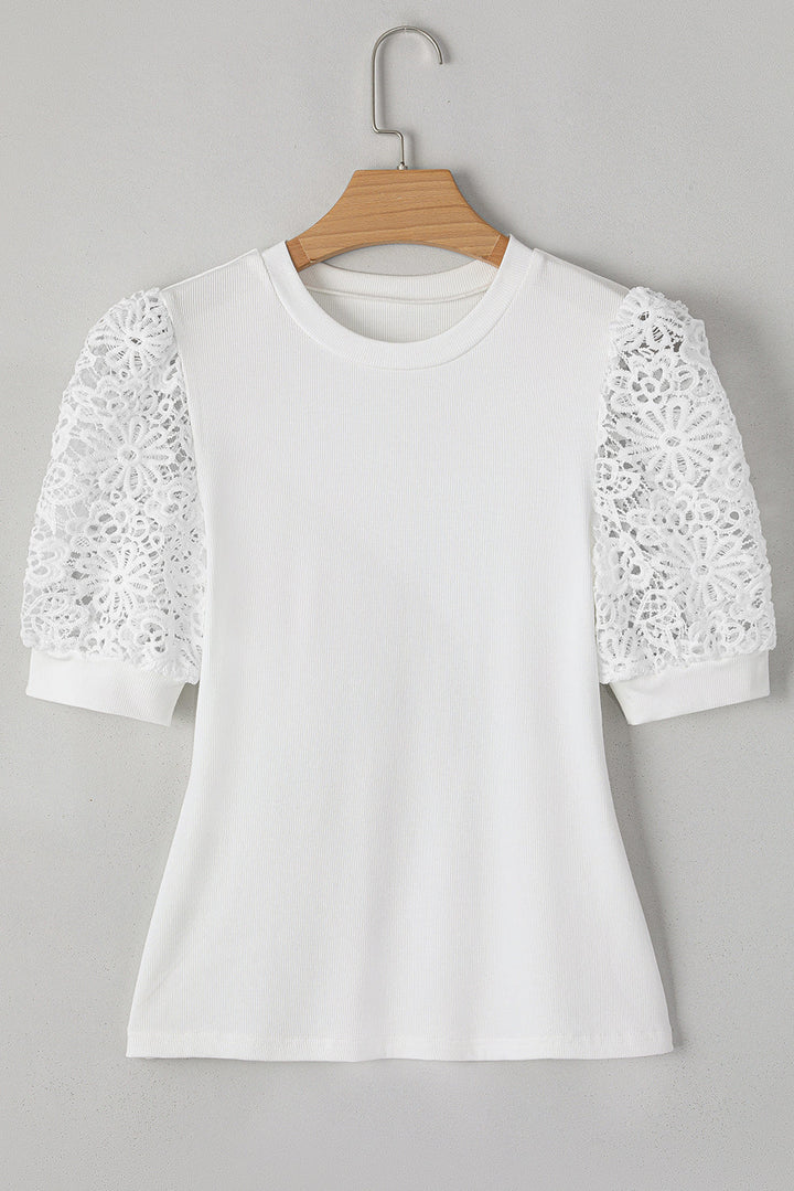 Lace Floral Patchwork Ribbed Knit Half Sleeve T Shirt