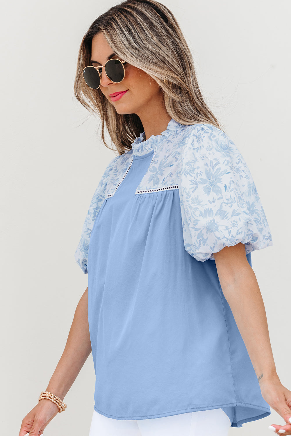 lace insert floral puff sleeve patchwork loose blouse