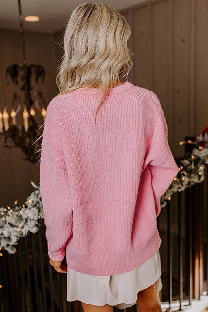 Merry Candy Cane Puffy Knit Crew Neck Sweater