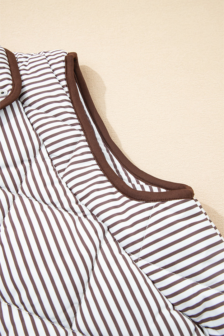 Brown Stripe Contrast Trim Snap Button Collared Winter Vest
