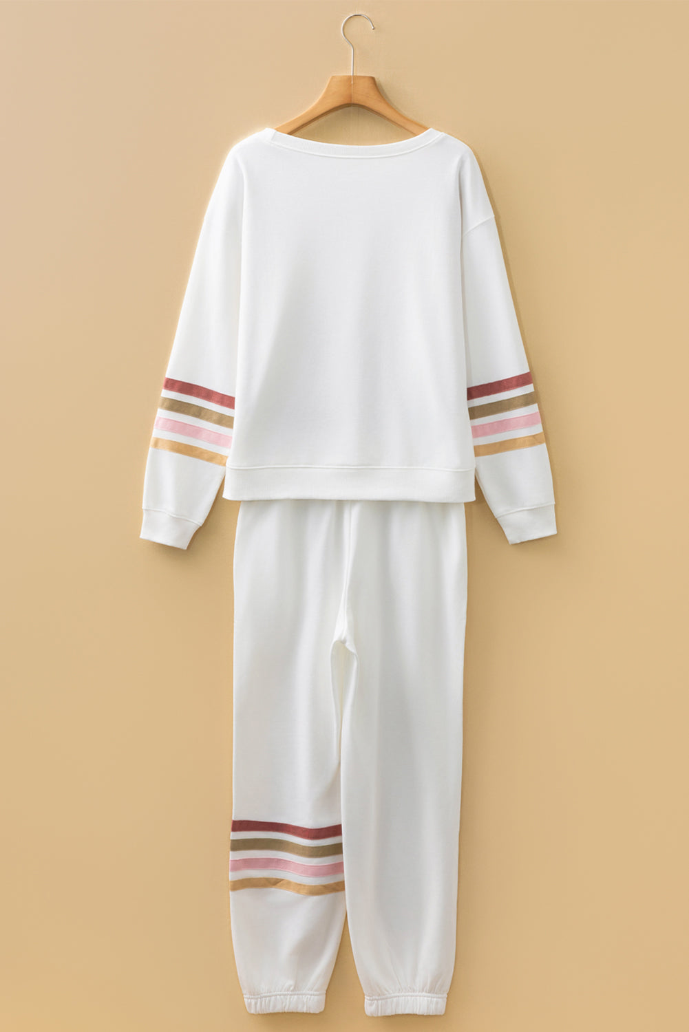 Beige Striped Round Neck Pullover and Jogger Pants Active Outfit