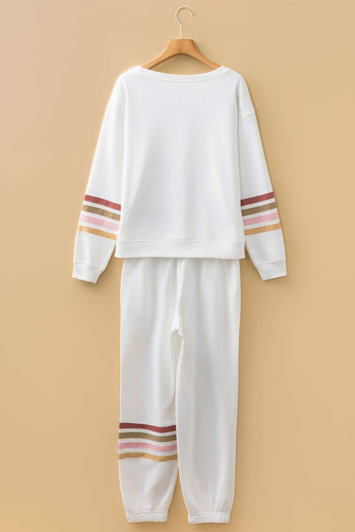 Beige Striped Round Neck Pullover and Jogger Pants Active Outfit