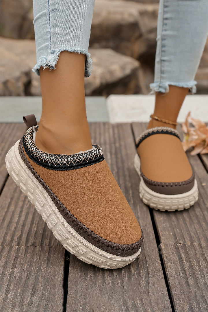 Contrast Stitch Detail Faux Suede PU Patchwork Plush Winter Clog Slippers