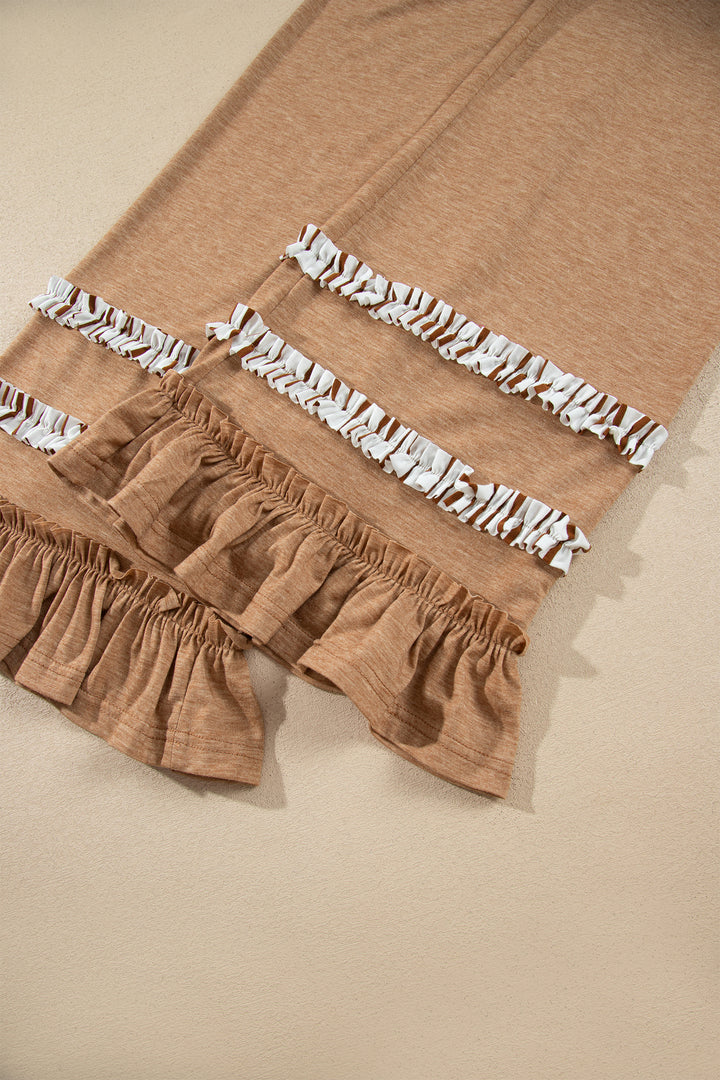 Khaki Stripe V Neck Ruffle Contrast Sleeve Top Drawstring Pants 2pcs Set