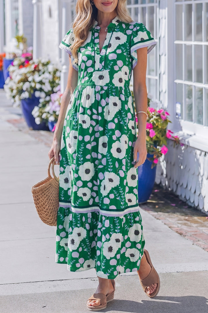 Green V Neck Ruffled Short Sleeve Flower Maxi Dress