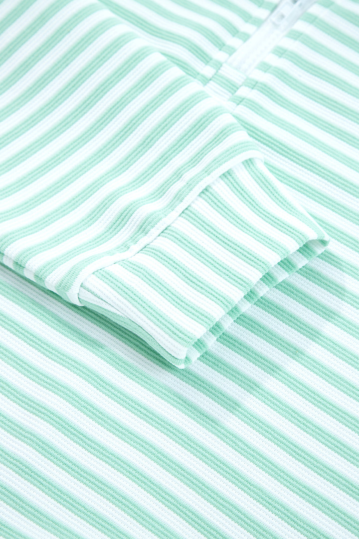 Green Stripe Quarter Zip Collar Pullover Long Sleeve Top