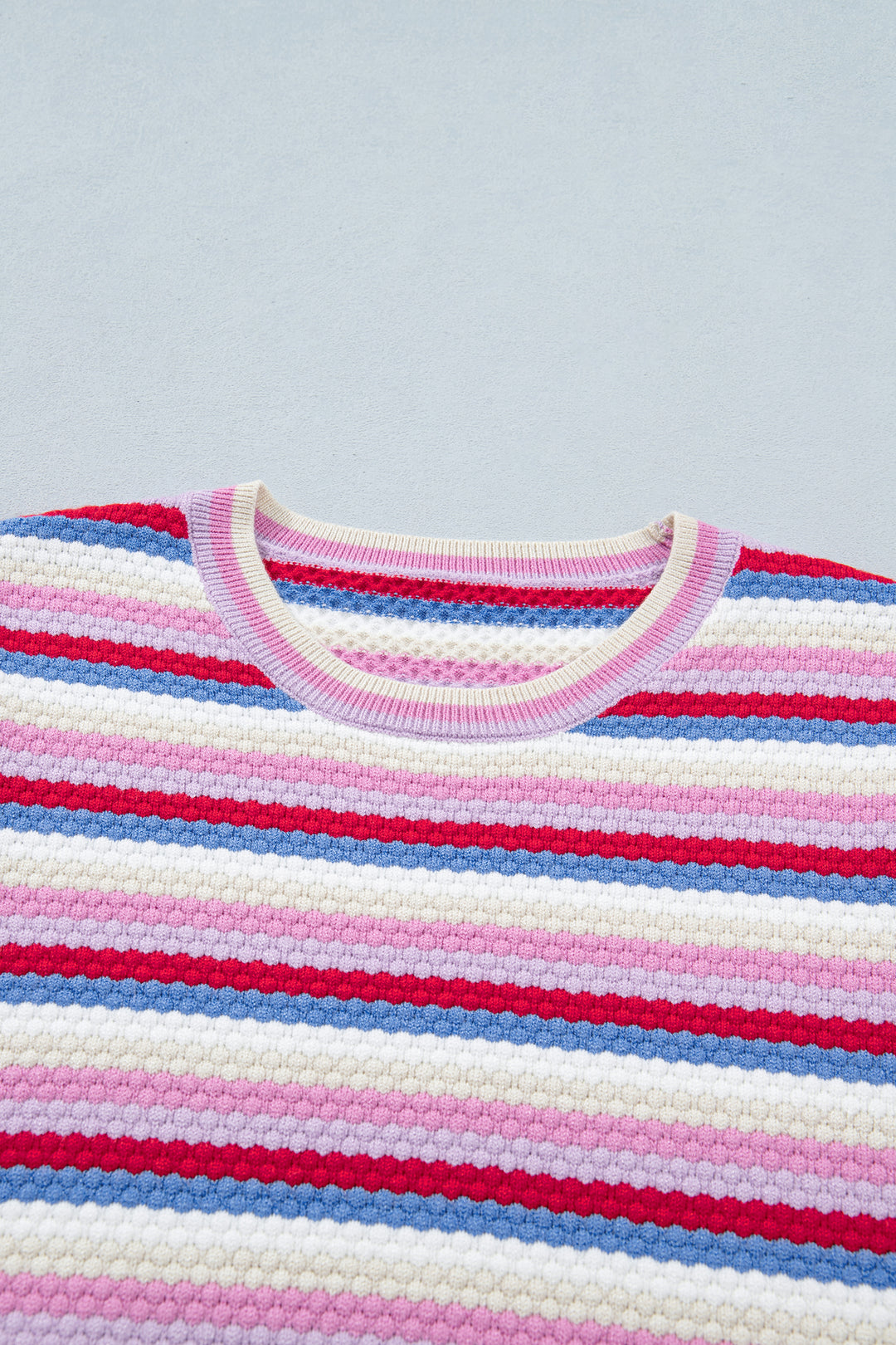 Multicolour Textured Stripes Knit Short Sleeve Sweater