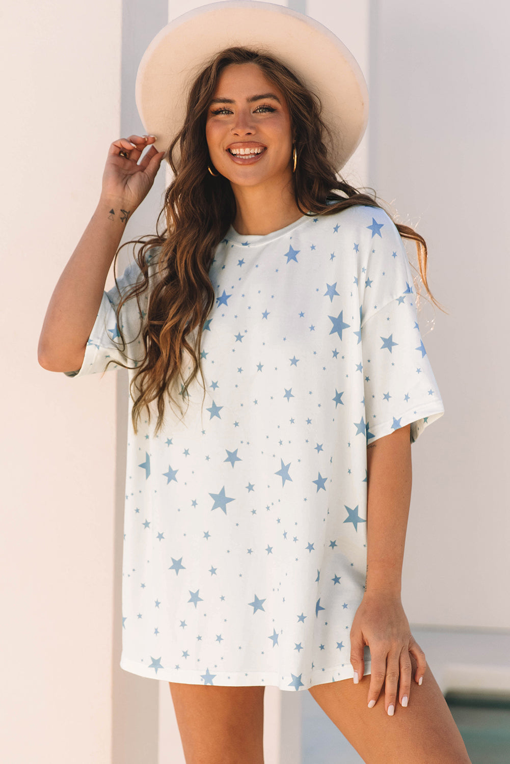 Stars Print Drop Shoulder Oversized T Shirt with Slits