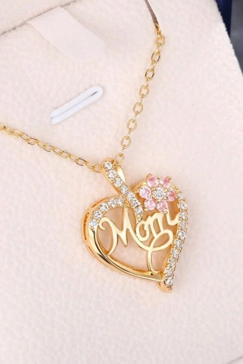 Collier Maman avec Fleur en Strass et Coeur Évidé